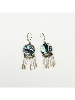 Vintage Mexico Abalone Shell Dangle Earrings With Sterling Silver Fringe Design